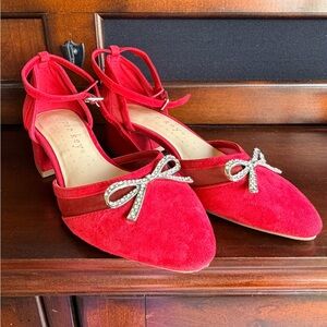 Red Suede Heels with Rhinestone Bow